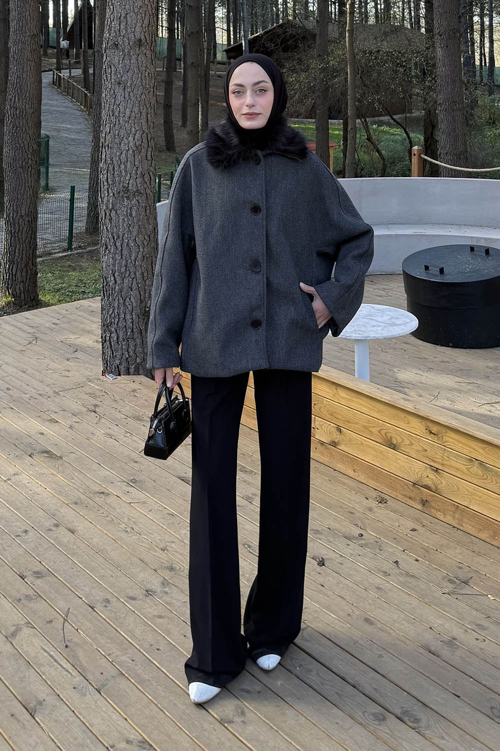 Lamelif Kürk Yakalı Kaban Antrasit