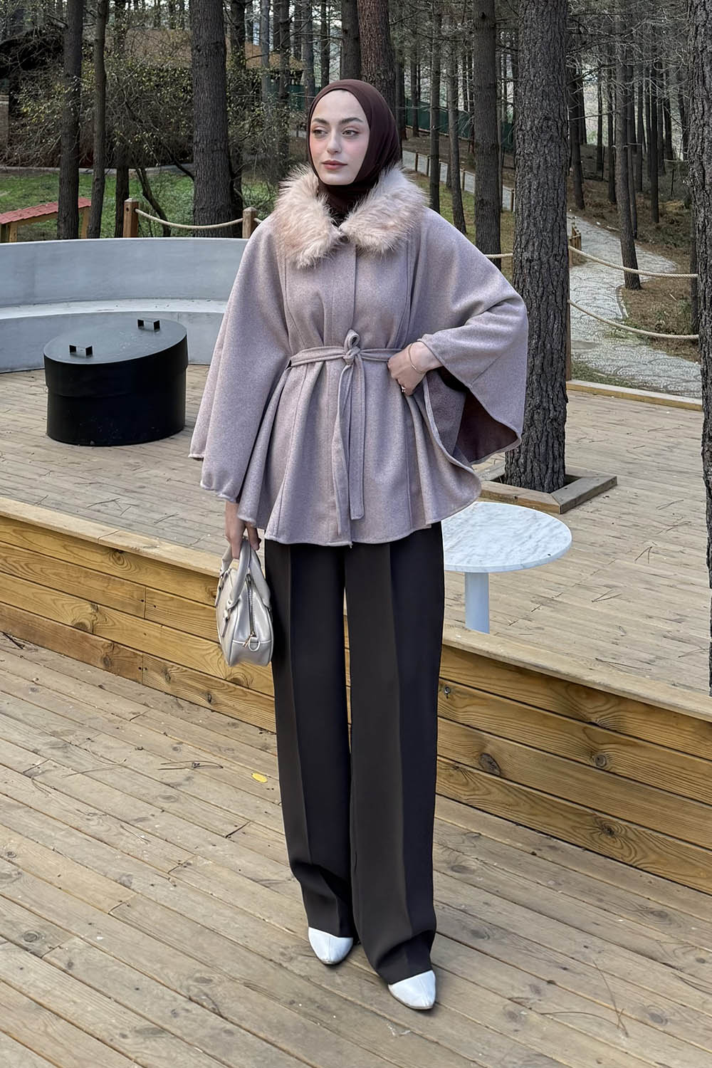 Lamelif Kürk Yakalı Panço Soft Kahve