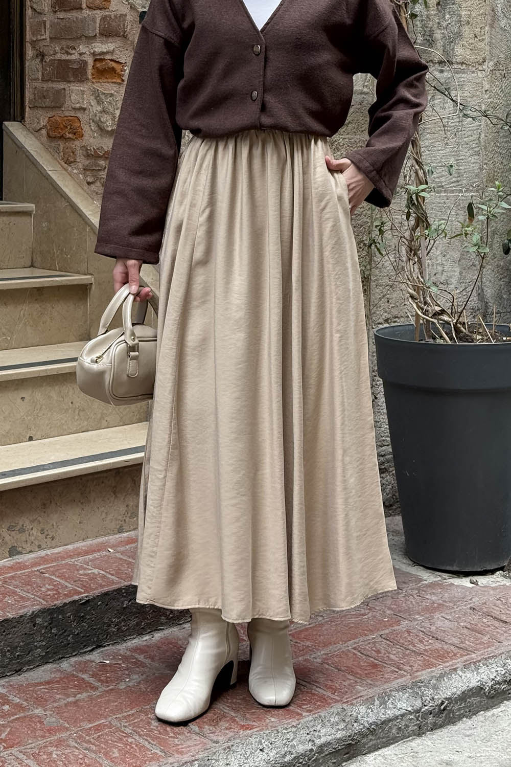 Lamelif Tensel Tesettür Etek Bej