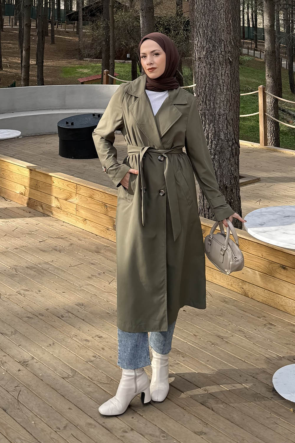 Lamelif Apoletli Klasik Kuşaklı Trençkot Haki