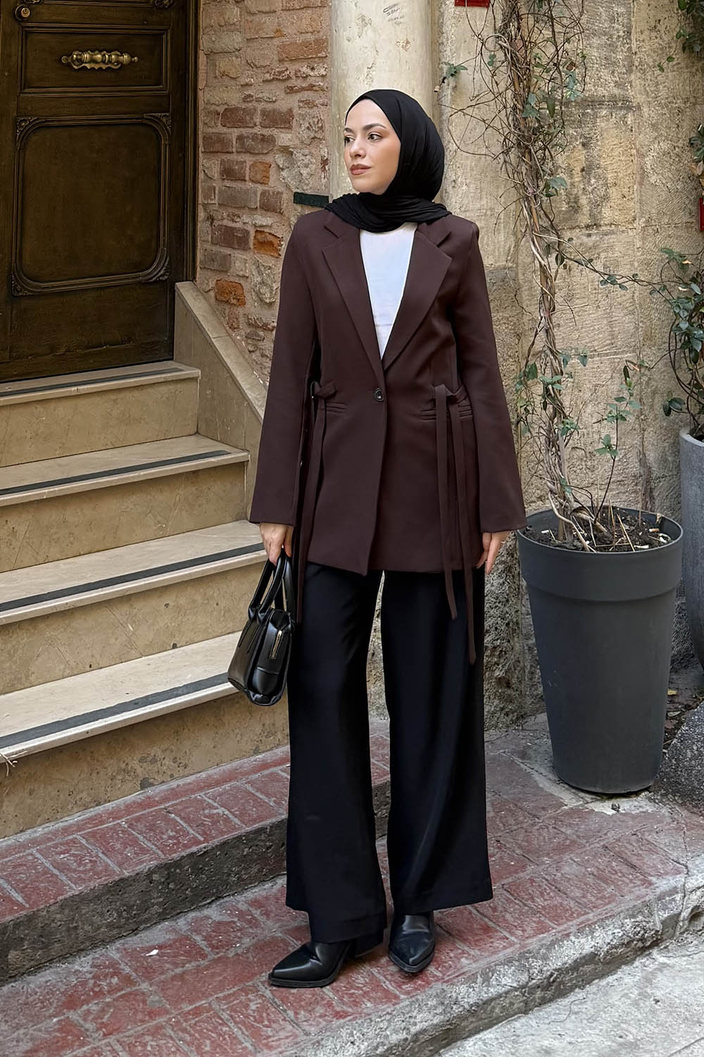 Lamelif Bağlama Detaylı Ceket Acı Kahve