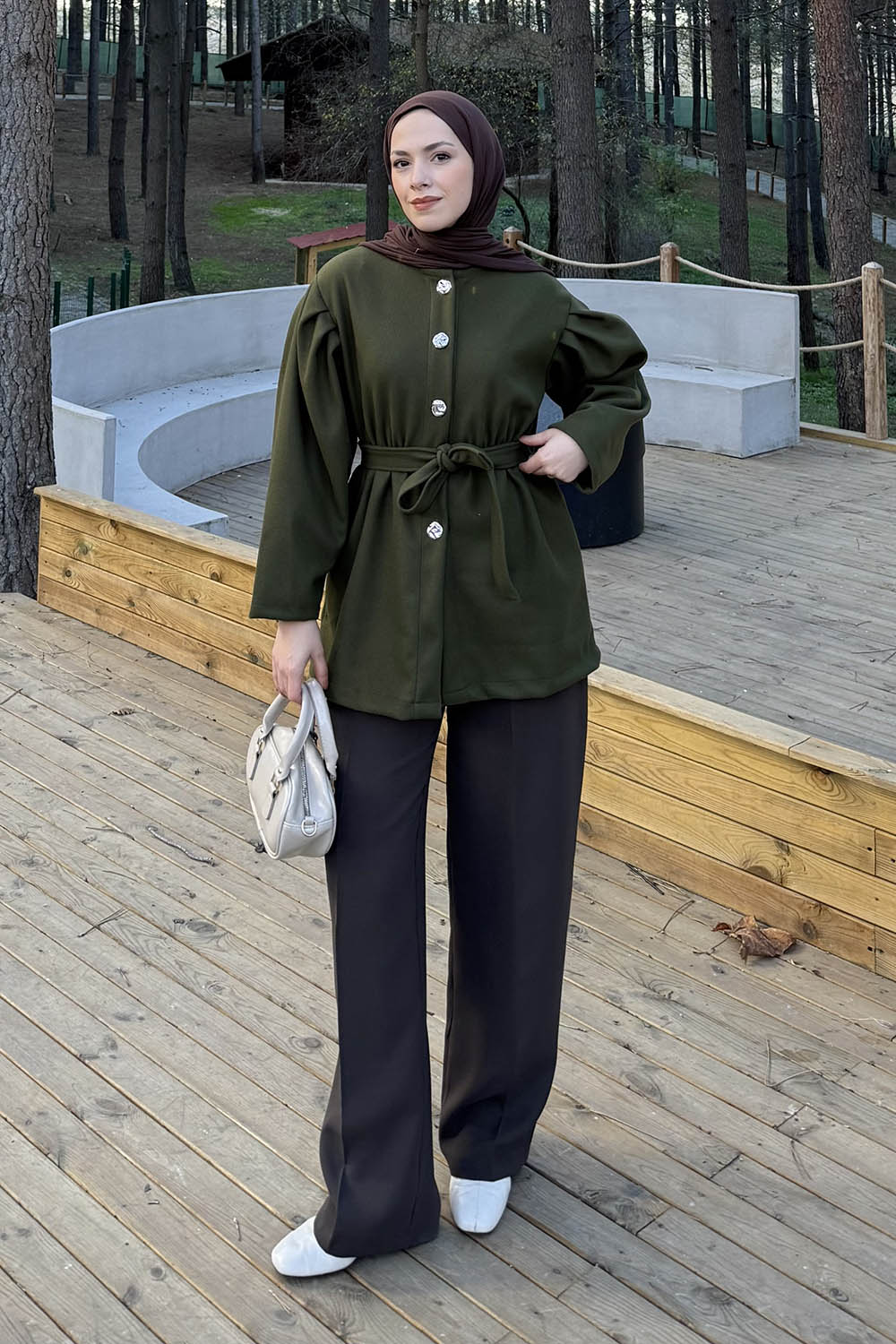 Lamelif Bel Lastikli Bağlama Detaylı Ceket Haki