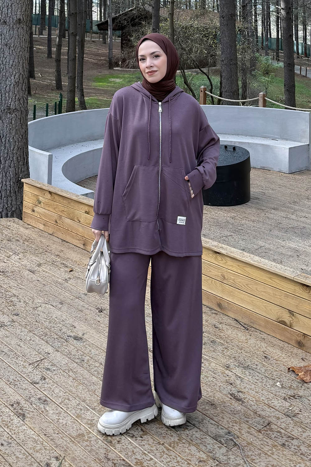 Lamelif Fermuarlı Kapüşonlu Oysho Takım Kahverengi