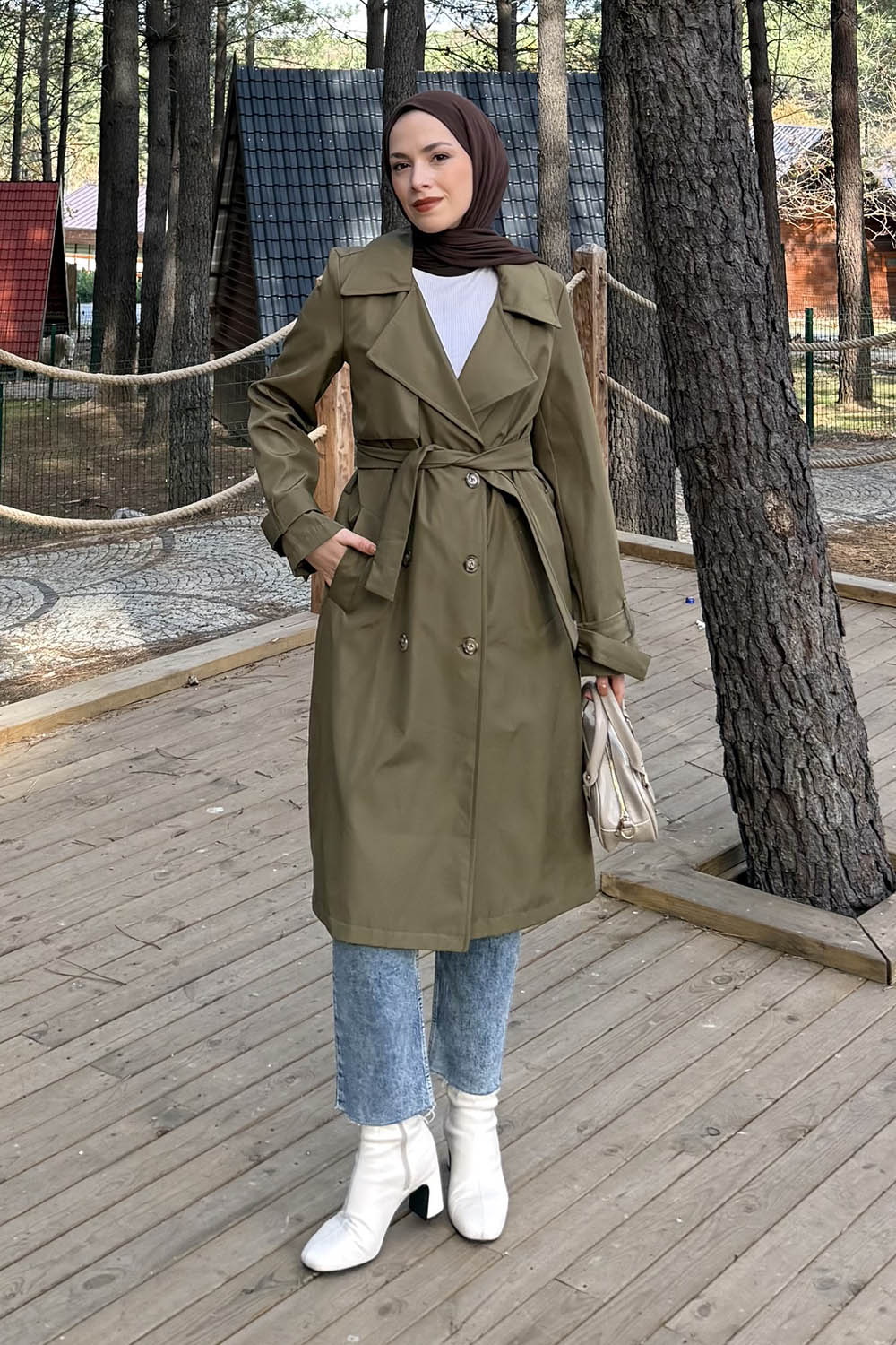 Lamelif Klasik Kuşaklı Trenç Koyu Yeşil