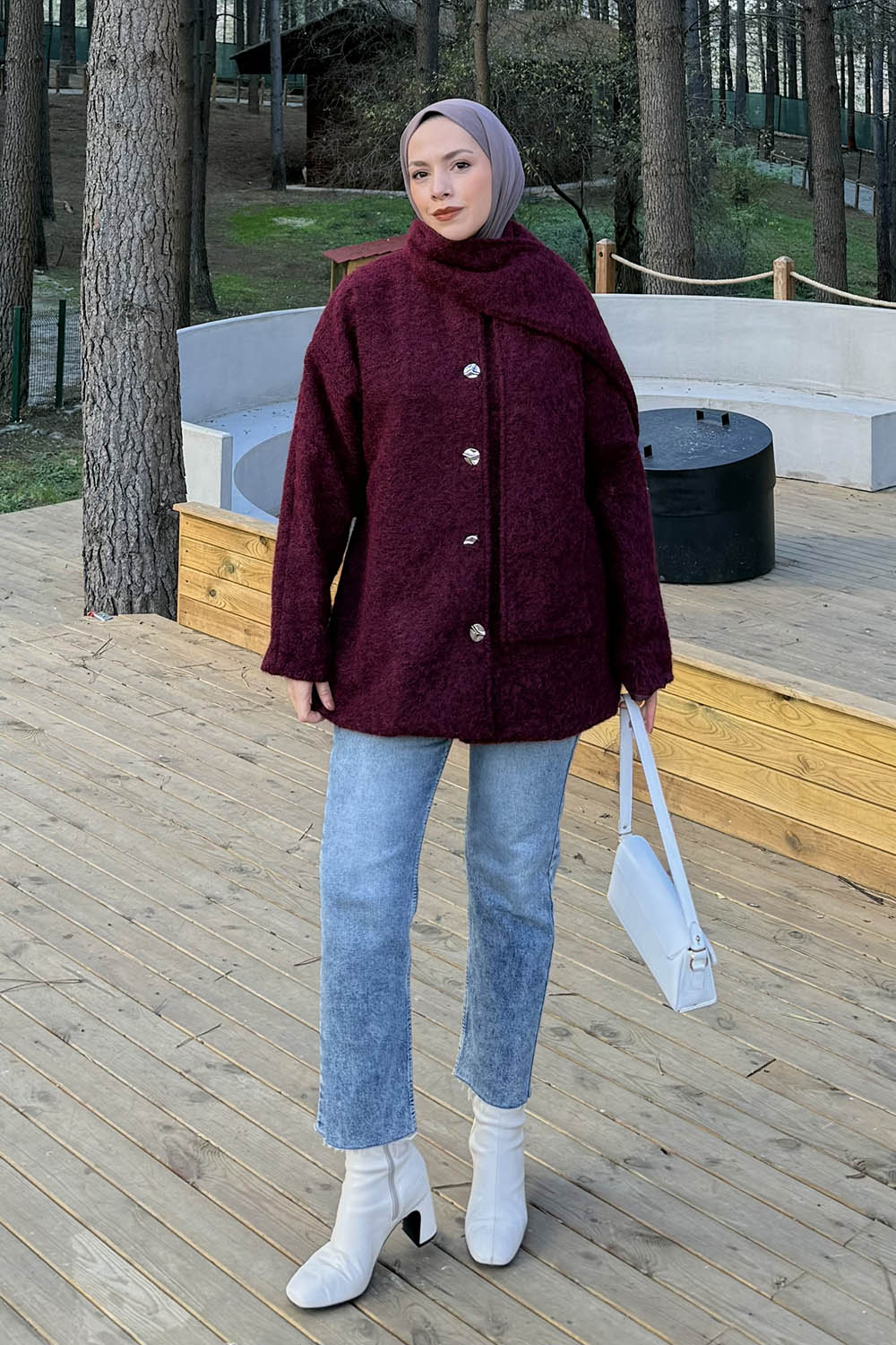 Lamelif Sakal Kumaş Atkılı Kaban Bordo