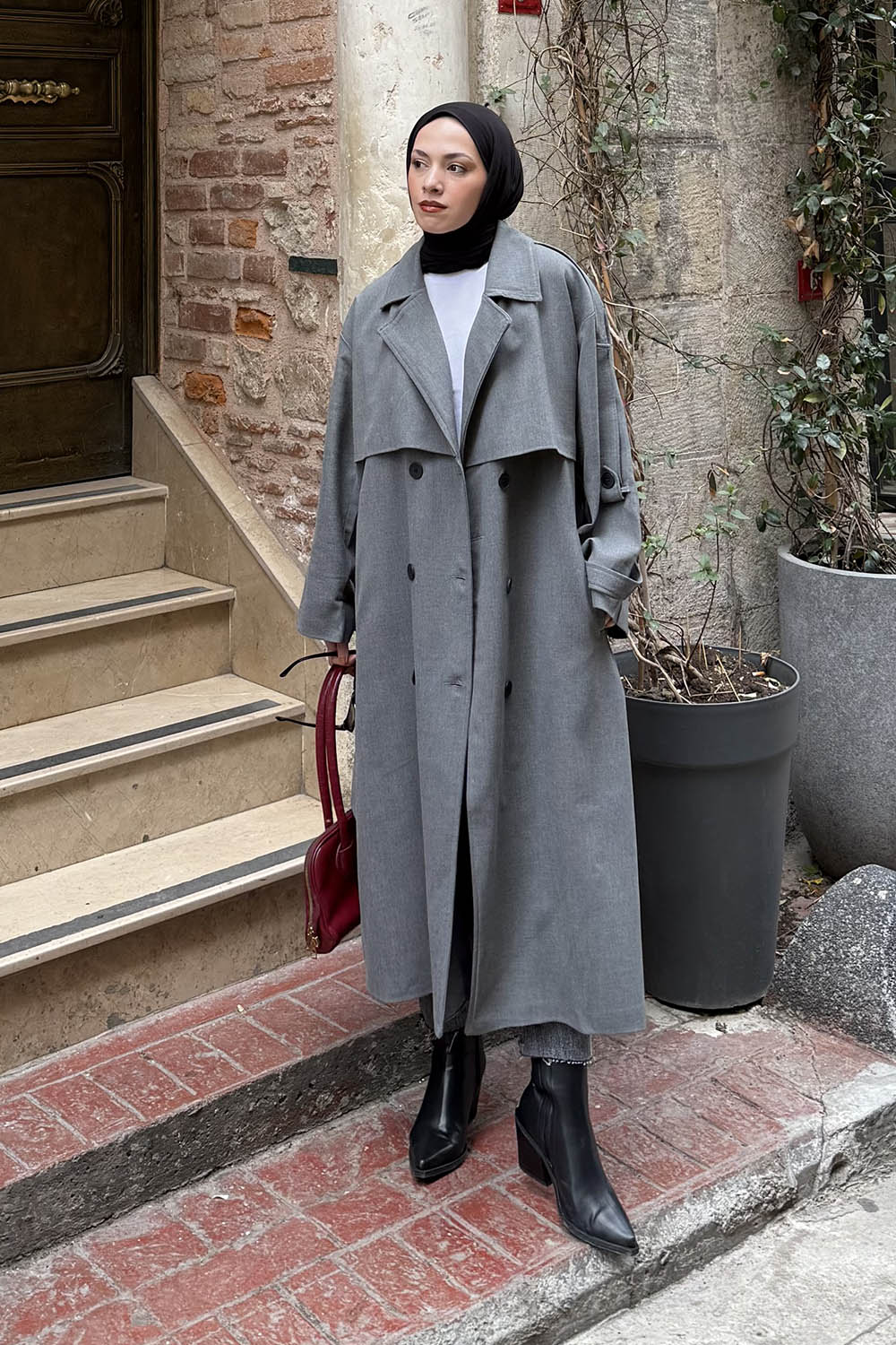 Lamelif Uzun Apoletli Trenç Füme