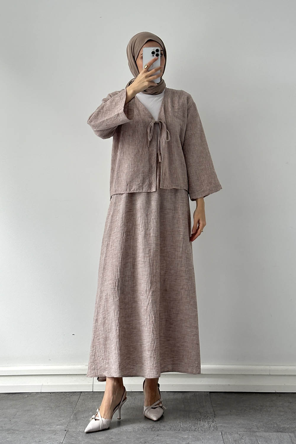 Lamelif Bağlama Detaylı Etekli Tesettür Takım Kahve