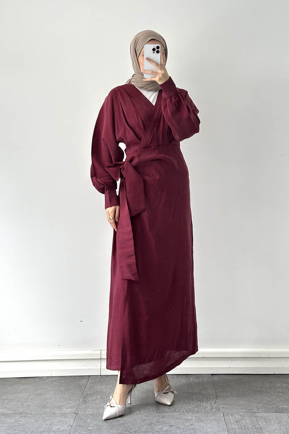 Lamelif Bağlama Detaylı Tesettür Elbise Bordo