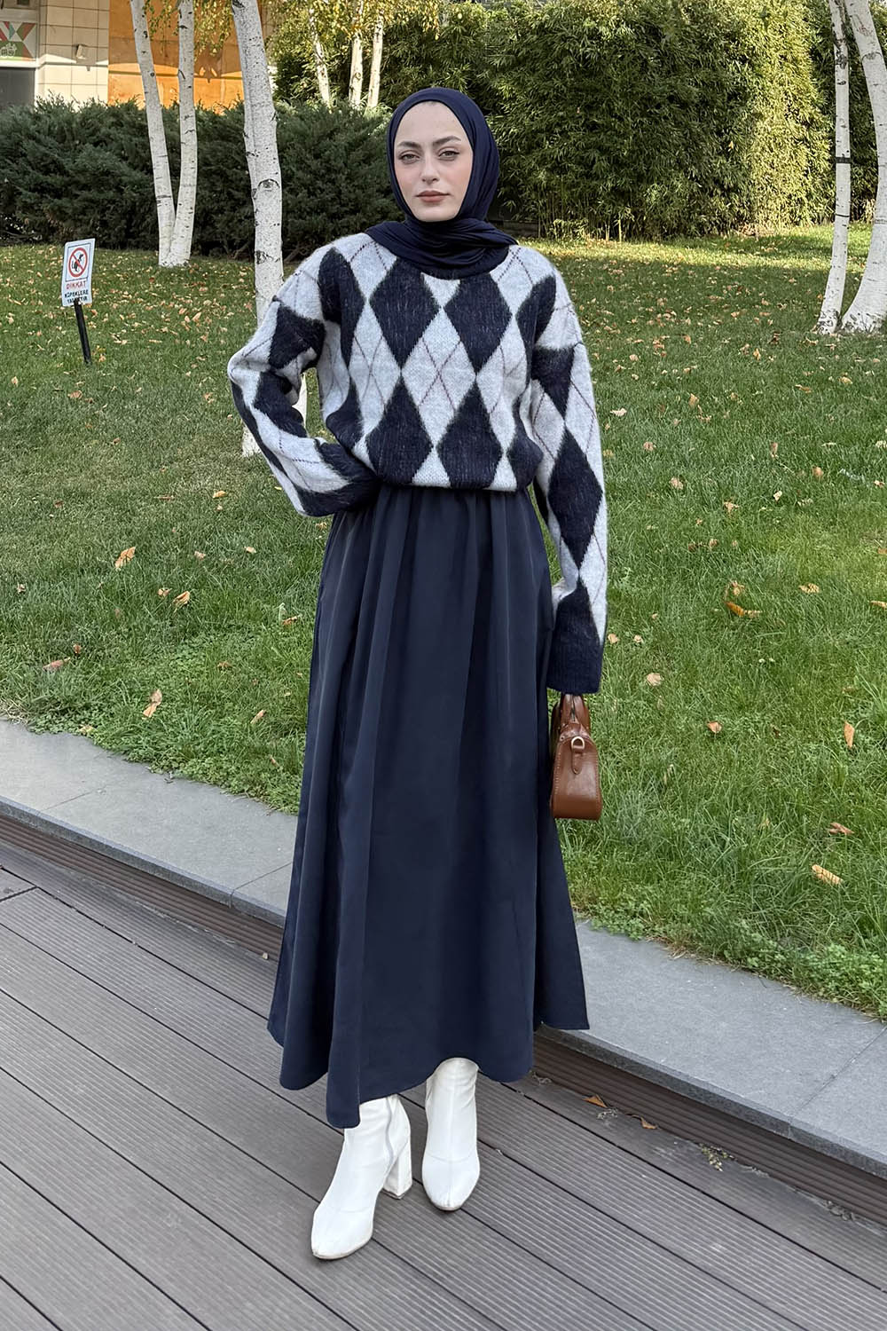 Lamelif Baklava Desen Triko Kazak Gri-Lacivert