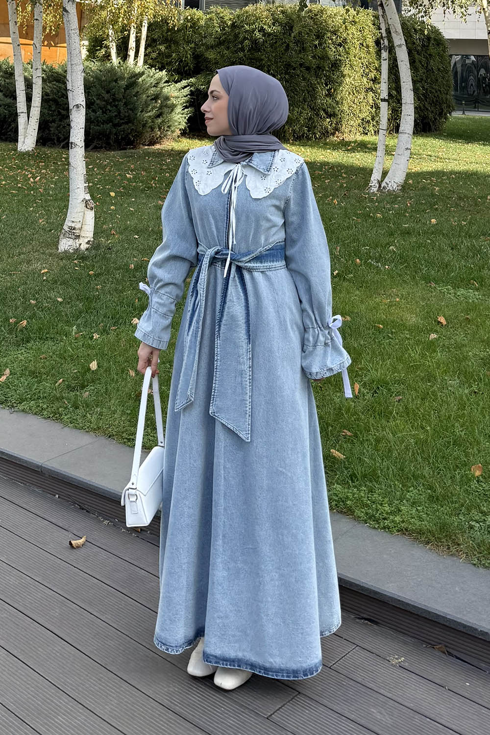 Lamelif Dantel Yaka Kot Elbise Buz Mavisi