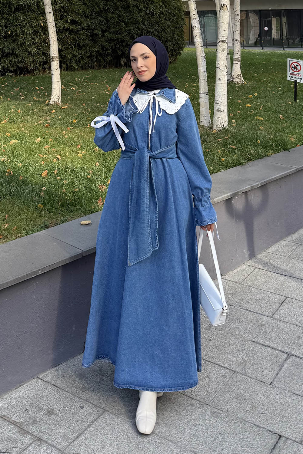 Lamelif Dantel Yaka Kot Elbise Kot Mavisi