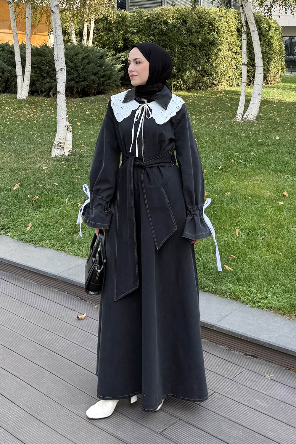 Lamelif Dantel Yaka Kot Elbise Siyah