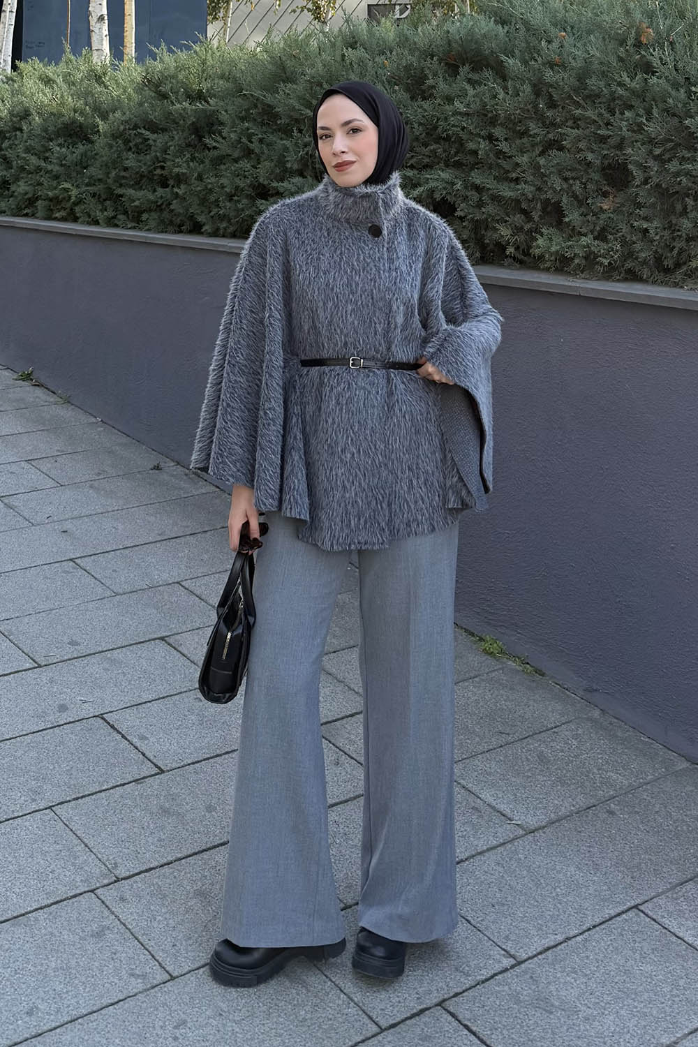 Lamelif Düğmeli Kemerli Panço Gri