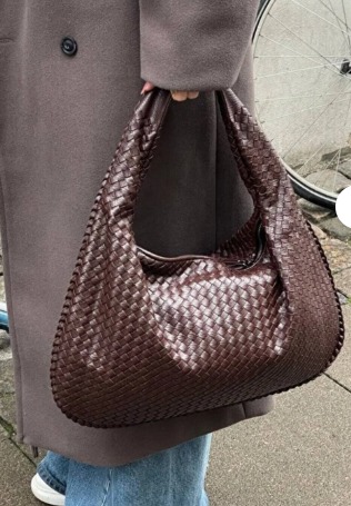 Lamelif Kadın Örgü Detay Büyük Boy Omuz ve Tote Çanta Acı Kahve