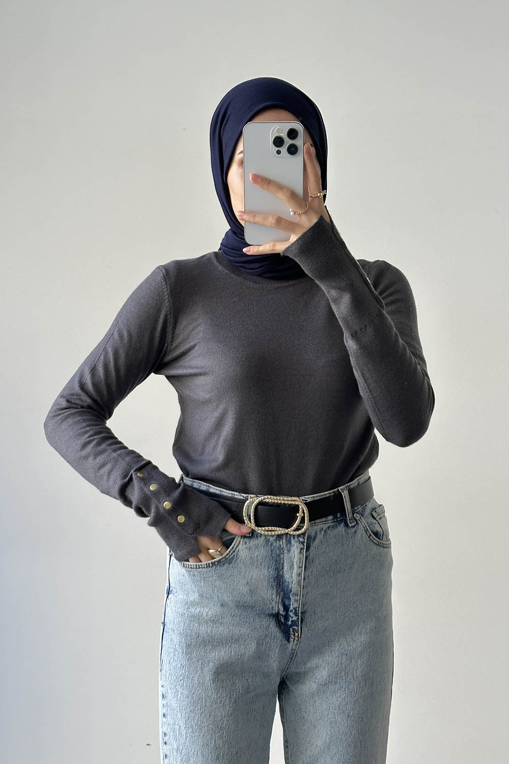 Lamelif Kol Drop Detaylı Kazak Antrasit