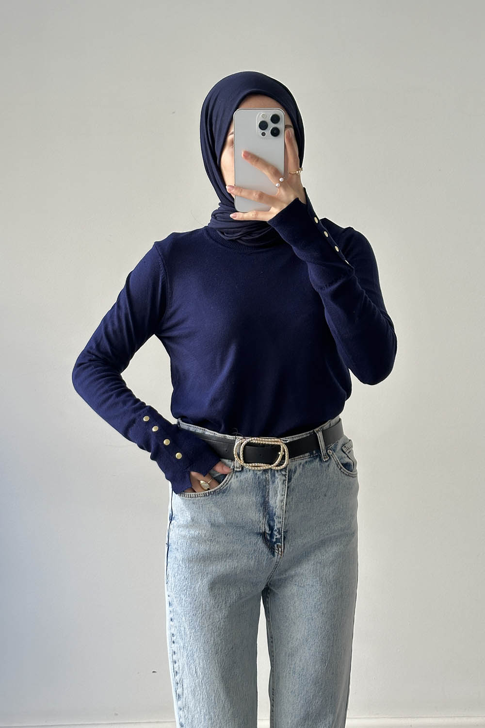 Lamelif Kol Drop Detaylı Kazak Lacivert