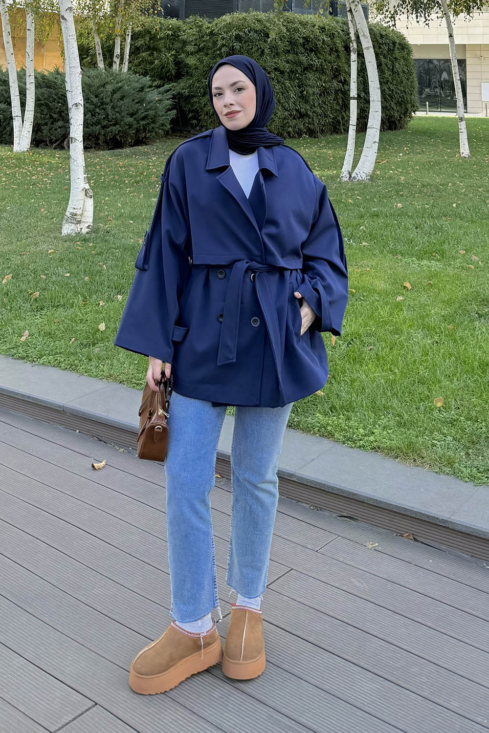 Lamelif Omuz Apoletli Kısa Trençkot Lacivert