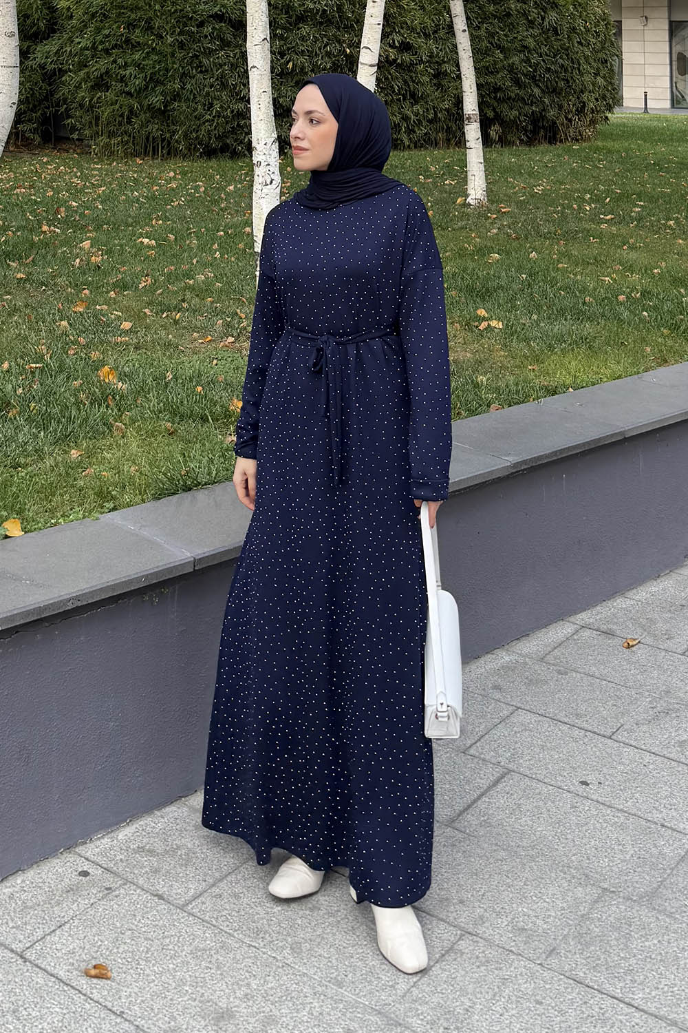 Navy Blue Crew Neck Cotton Dresess