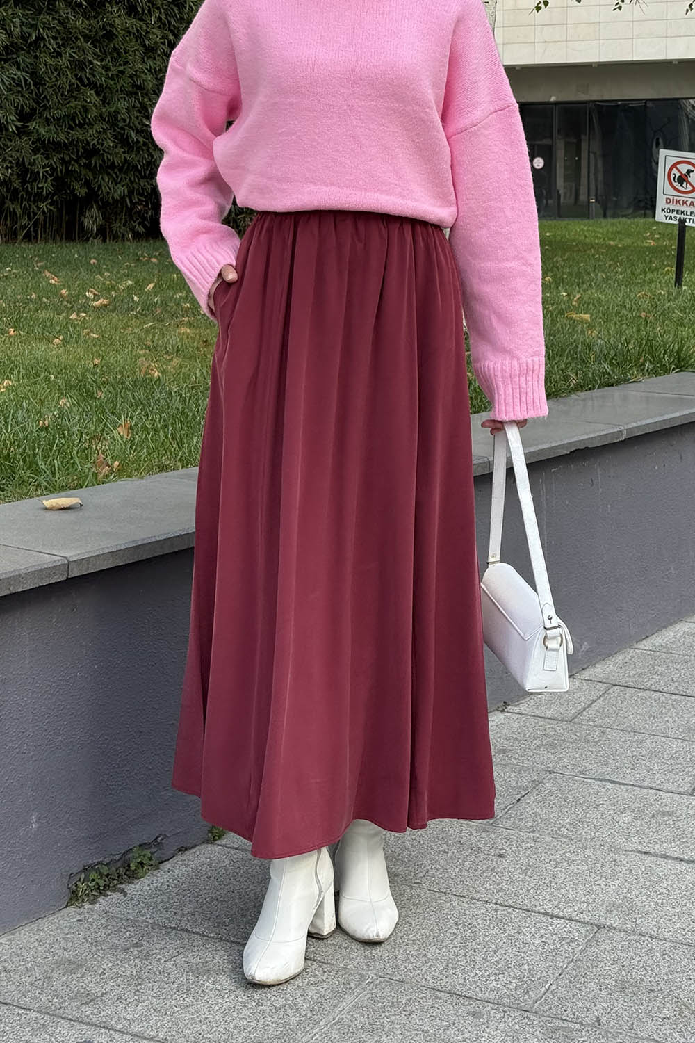 Lamelif Tensel Tesettür Etek Bordo