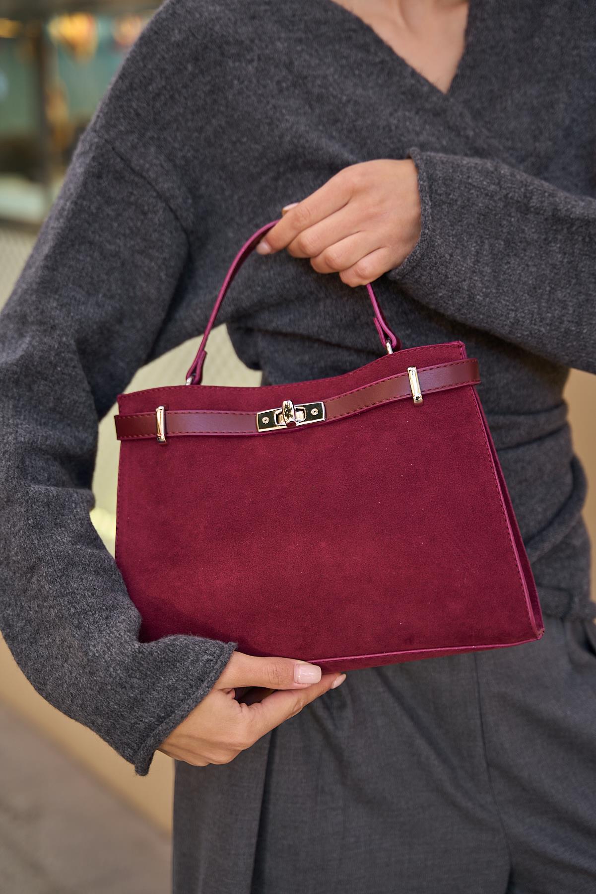 Lamelif Hermez Taba Gold Kemer Detaylı Süet Kadın Çanta Bordo