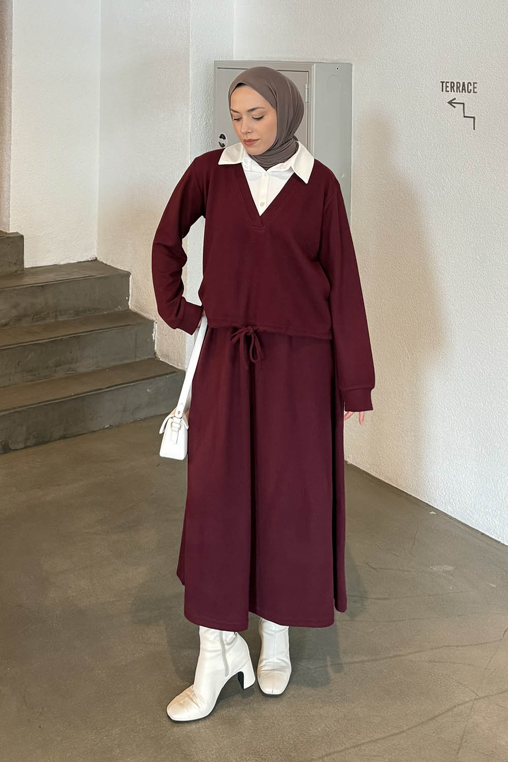 Lamelif Beyaz Yaka Triko Takım Bordo