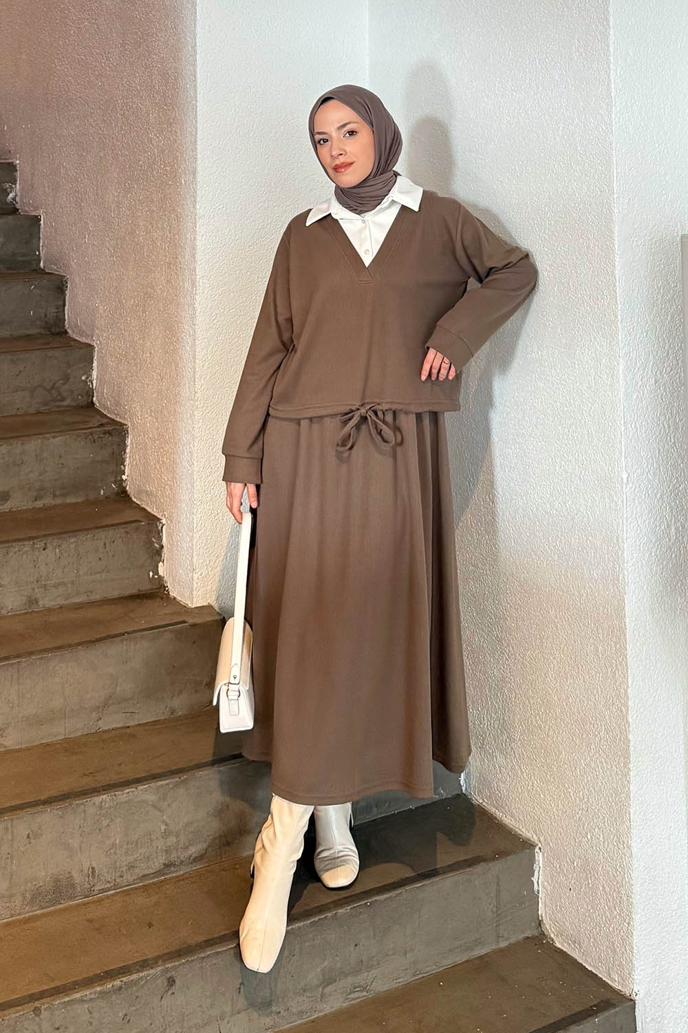 Mink Shirt Collar Long Arm Cotton Knitwear Lycra Flared Skirt Suit