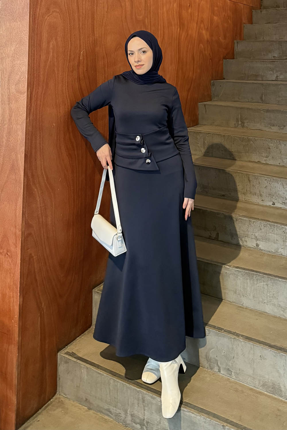 Lamelif Kemerli Scuba Elbise Lacivert