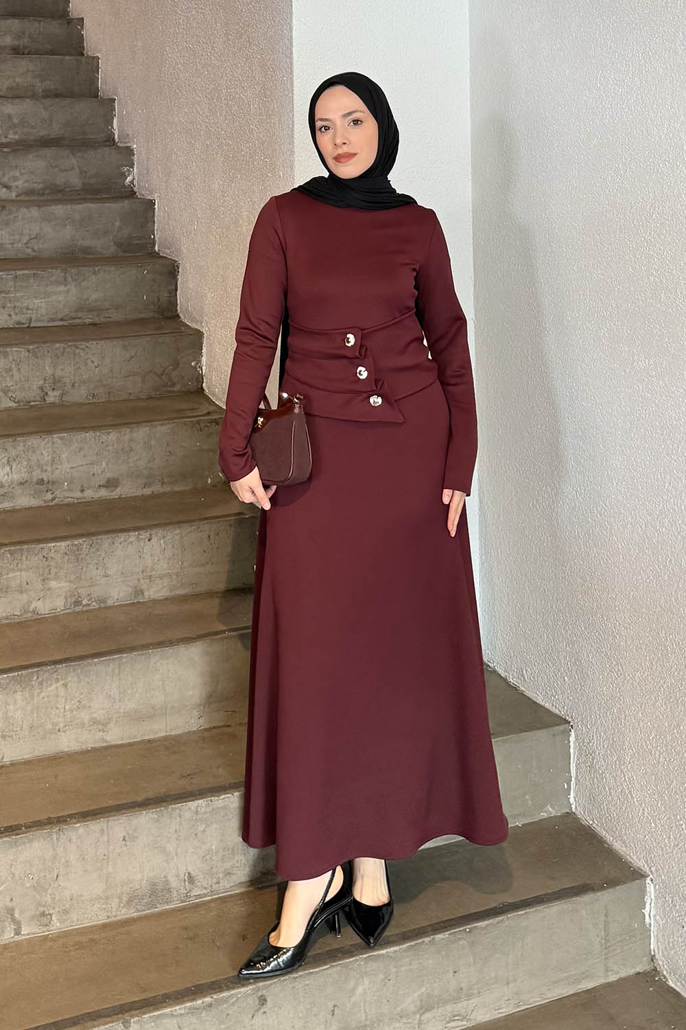 Lamelif Kuşaklı Scuba Elbise Bordo