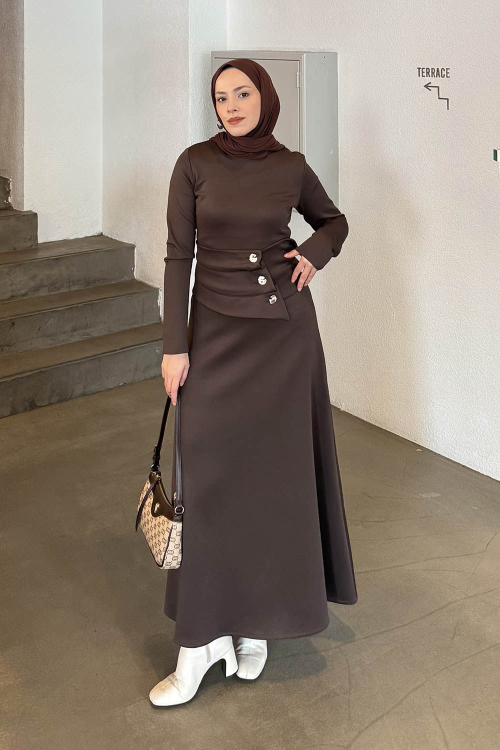 Lamelif Kuşaklı Scuba Elbise Kahverengi