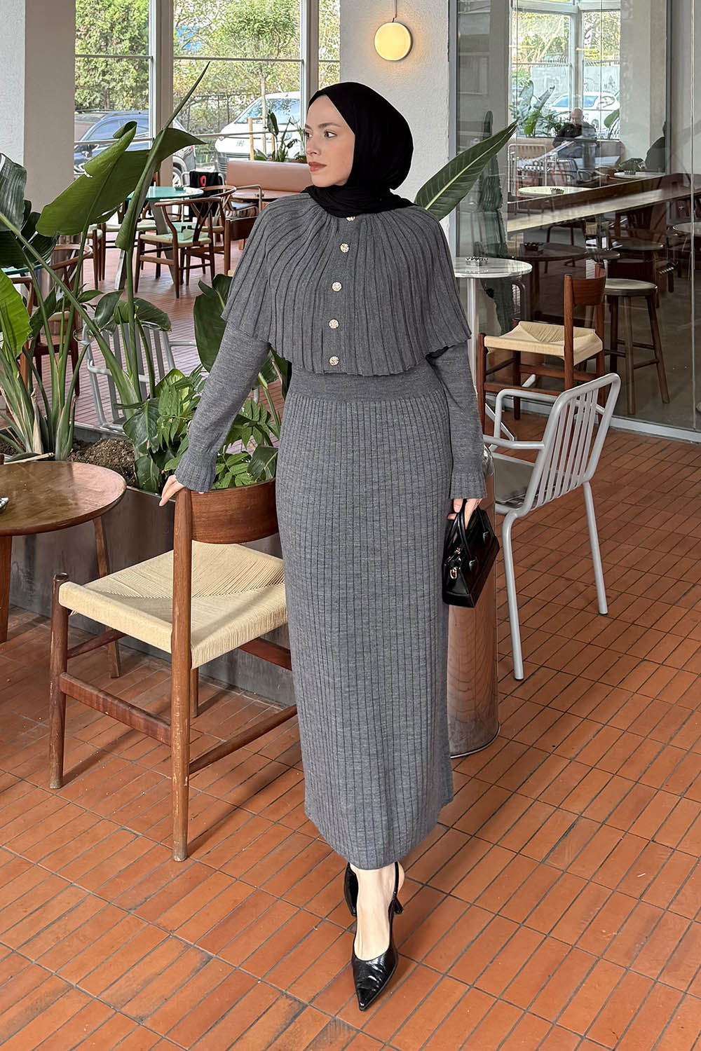 Lamelif Pelerinli Fitilli Elbise Antrasit