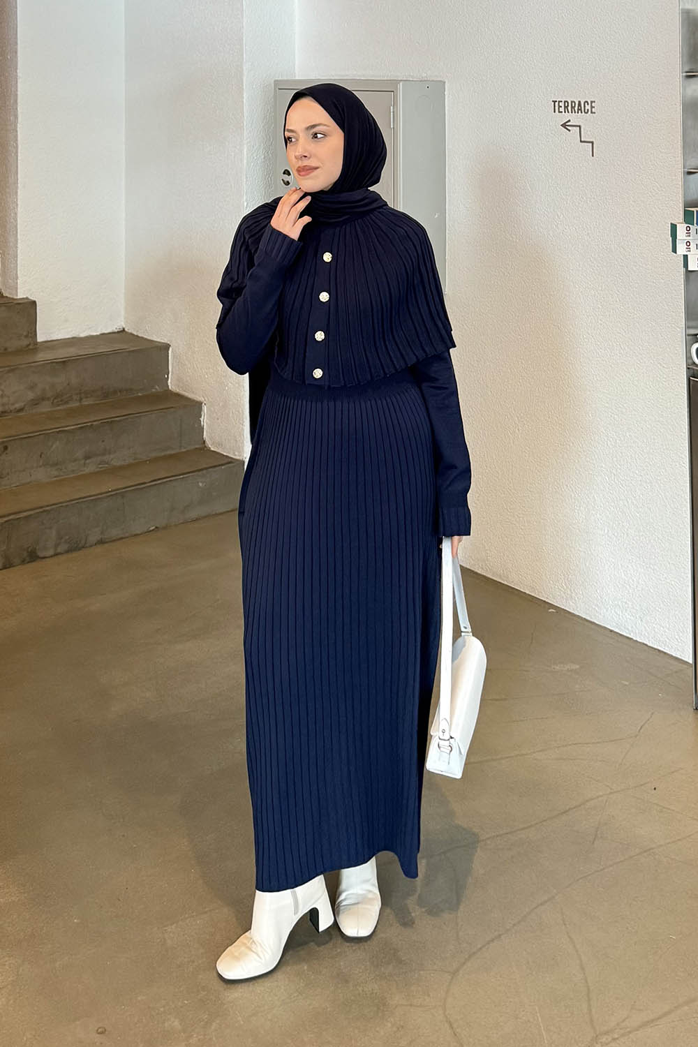 Navy Blue Normal Neck Wool Acrylic Dresess