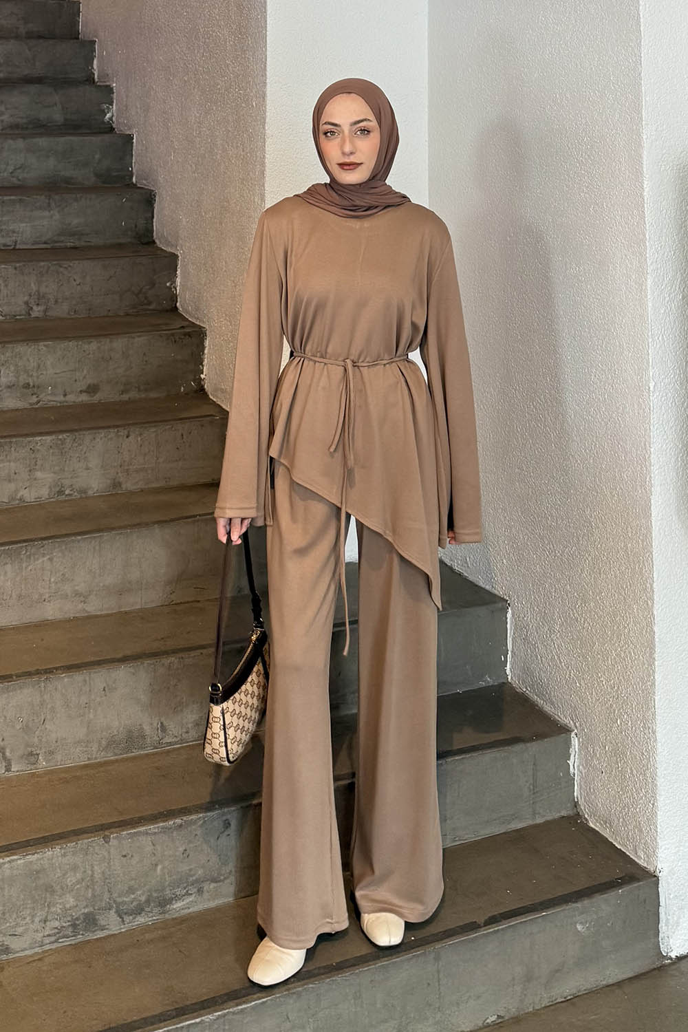 Soft Brown Crew Neck Long Arm Cotton Regular Trousers Comfortable Suit