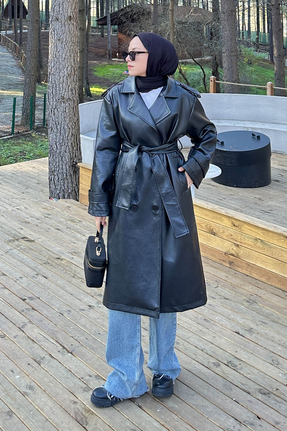Lamelif Bağlama Detaylı Deri Mont Siyah