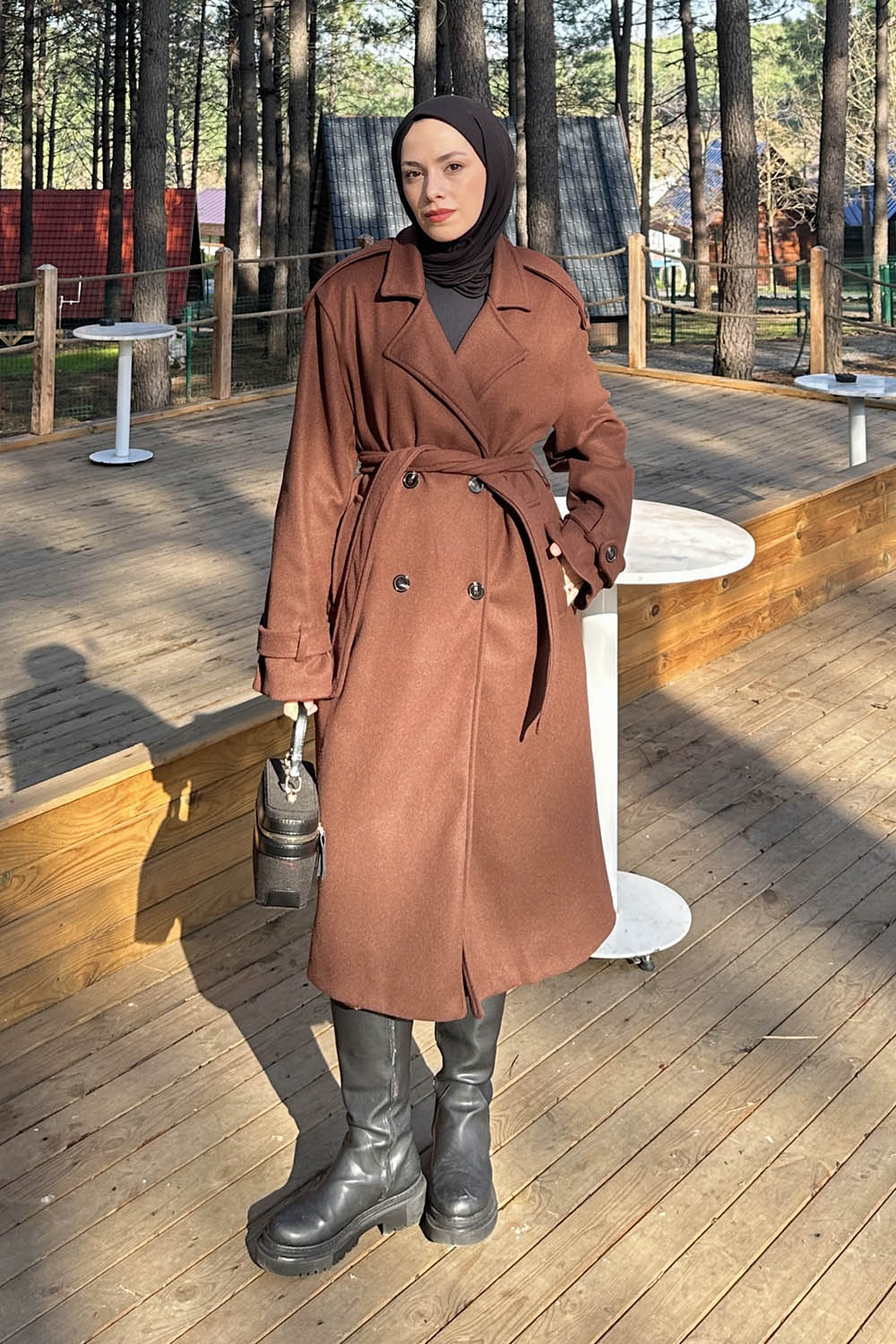 Lamelif Bağlama Detaylı Kaşe Kaban Acı Kahve