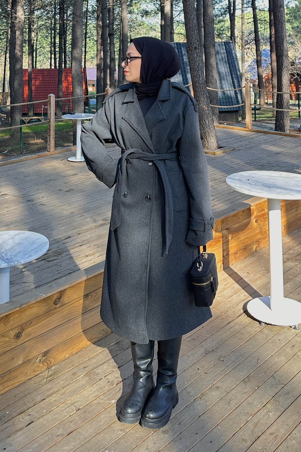 Lamelif Bağlama Detaylı Kaşe Kaban Antrasit