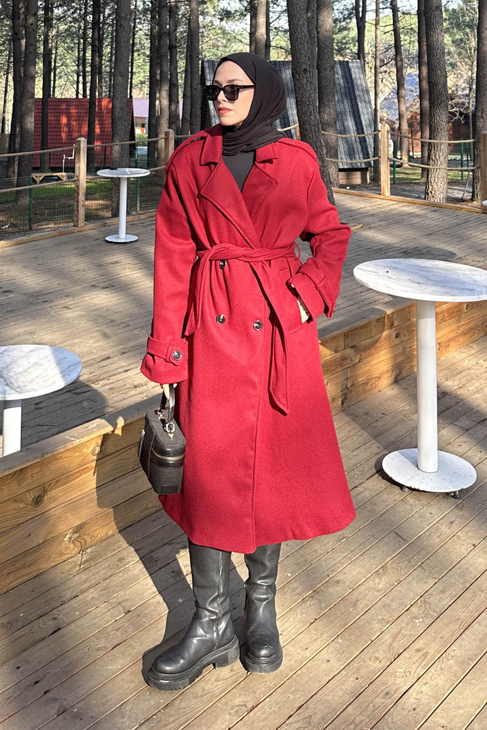 Lamelif Bağlama Detaylı Kaşe Kaban Bordo