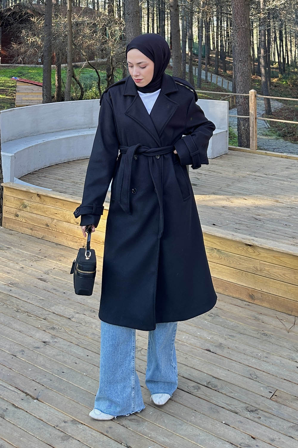 Lamelif Bağlama Detaylı Kaşe Kaban Siyah