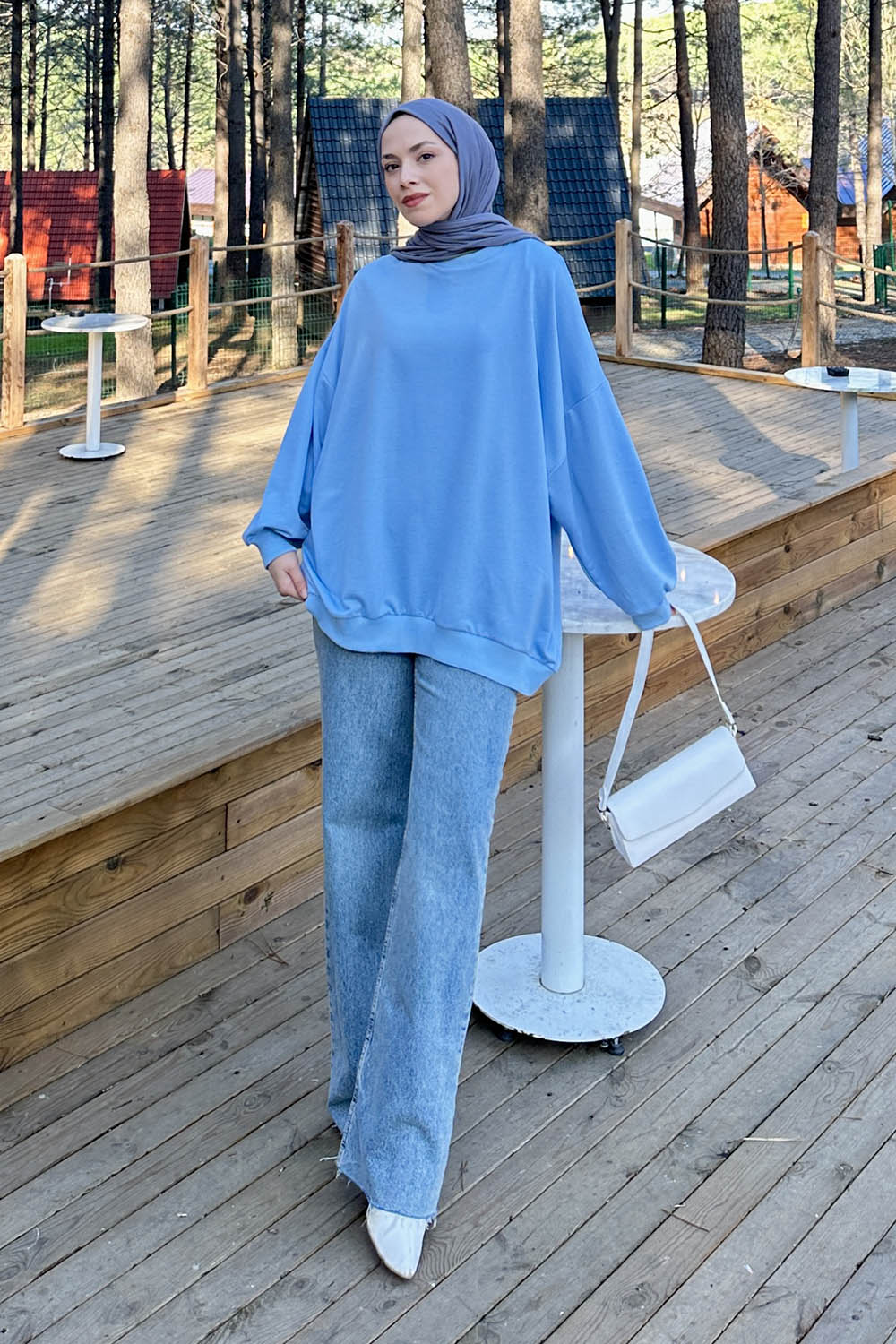 Lamelif Balon Kol Yaka Ve Etek Ucu Manşetli Bol Sweat Bebe Mavisi