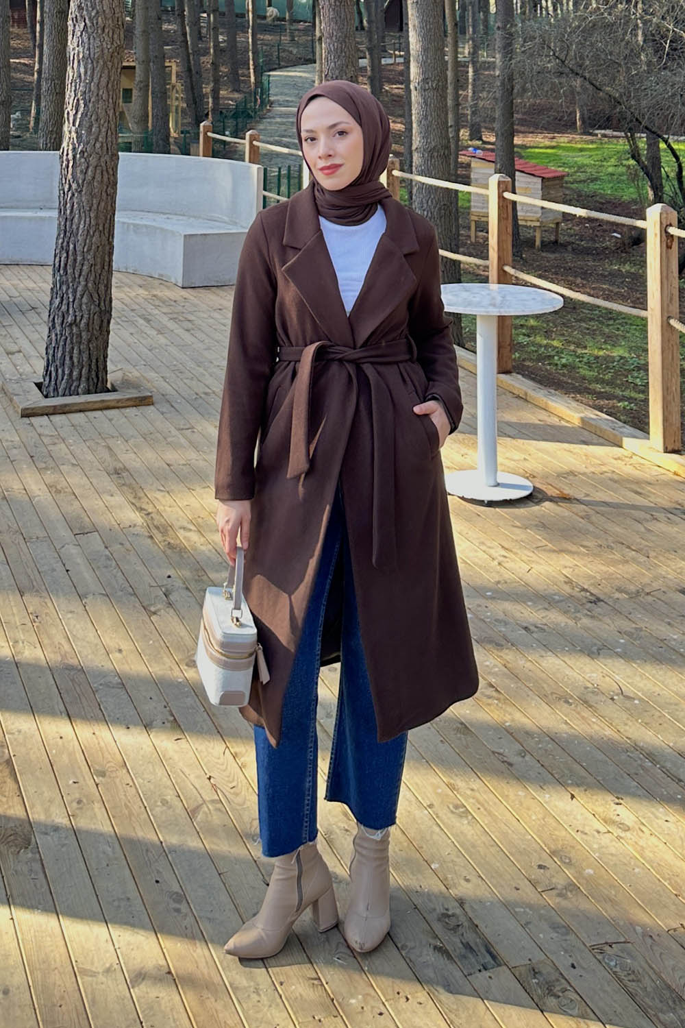 Modalamelif Kuşak Bağlama Detaylı Kaşe Kaban Acı Kahve