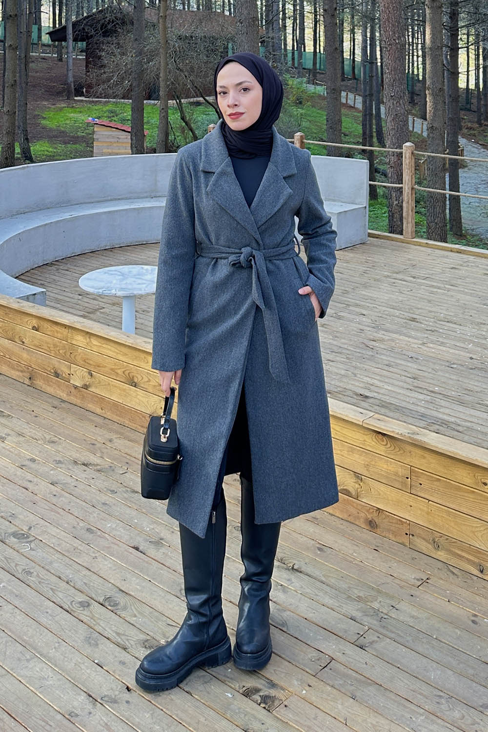 Modalamelif Kuşak Bağlama Detaylı Kaşe Kaban Antrasit