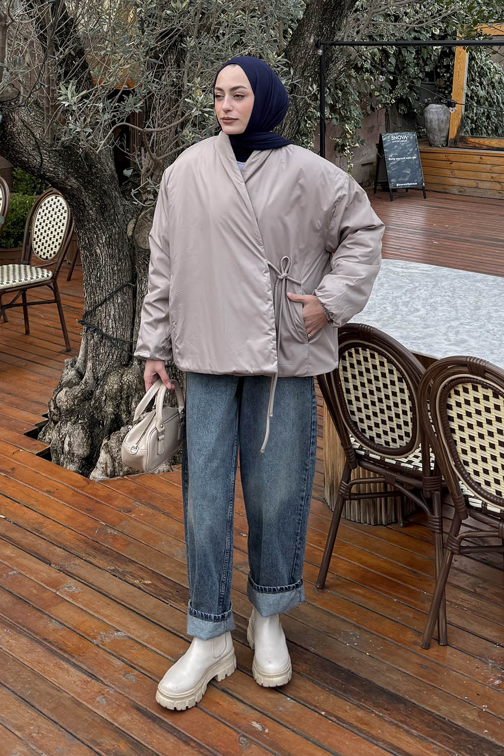 Lamelif Bağlama Detaylı Mont Taş Rengi