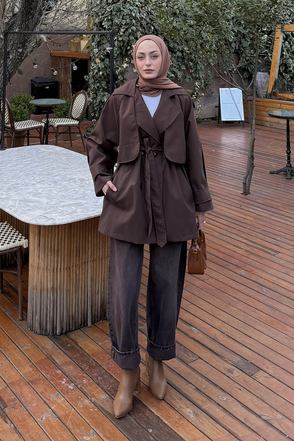 Lamelif Bağlama Detaylı Trençkot Acı Kahve