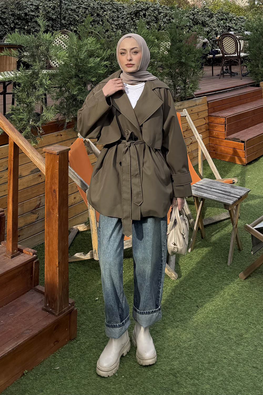 Lamelif Bağlama Detaylı Trençkot Haki