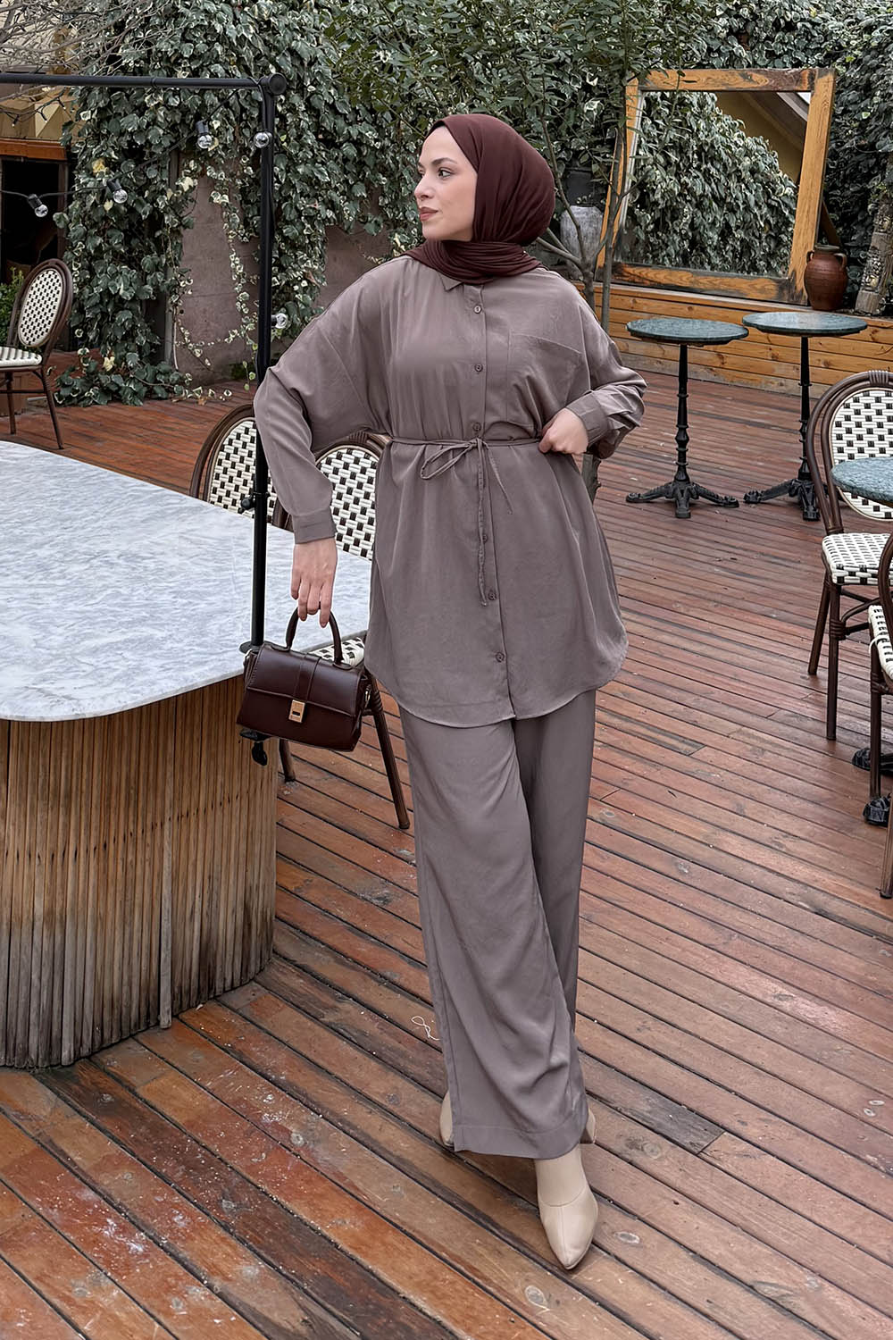 Lamelif Cep Detaylı Modal Tesettür Takım Vizonrengi