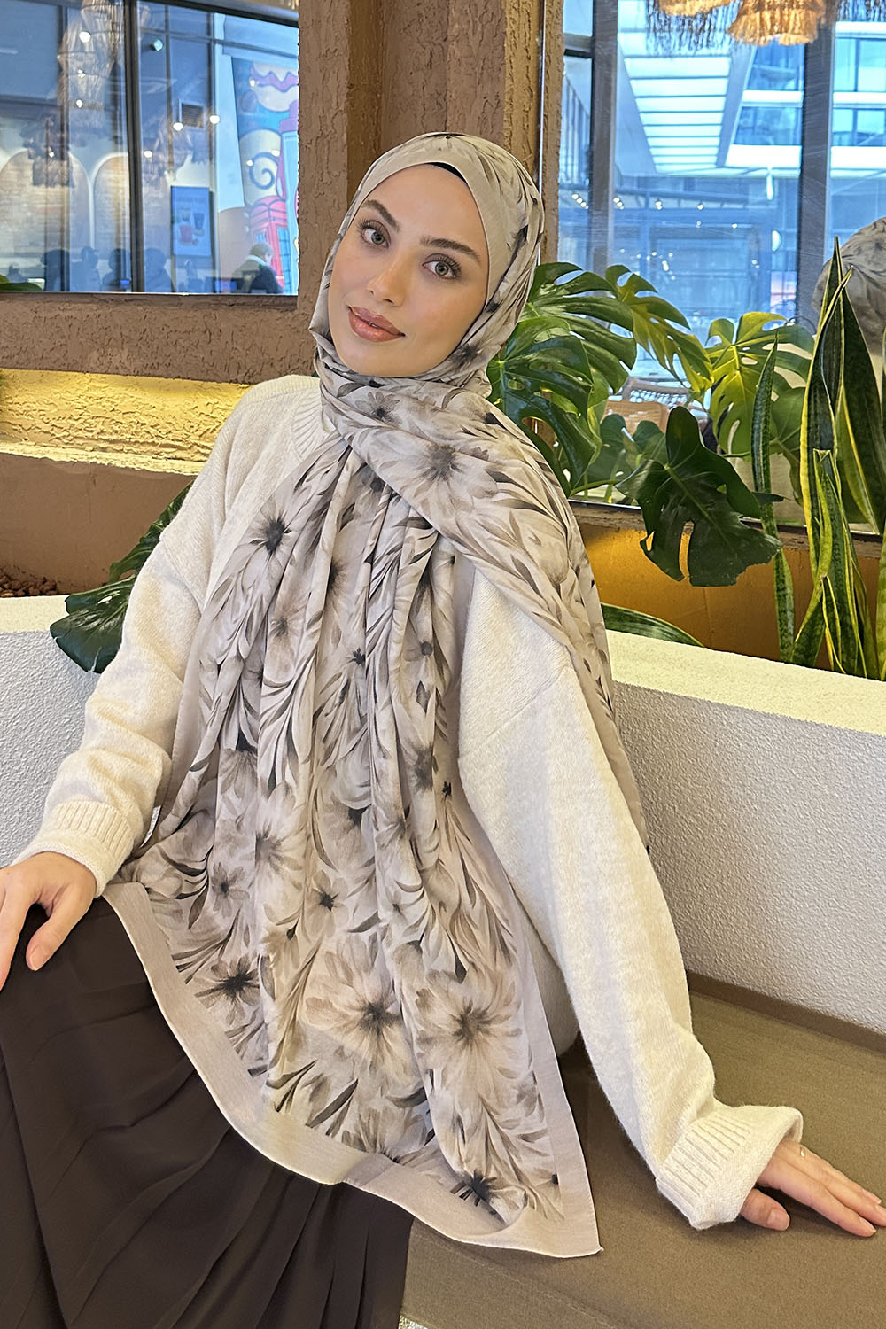 Lamelif Daisy Flowers Desen Pamuk Şal Bej