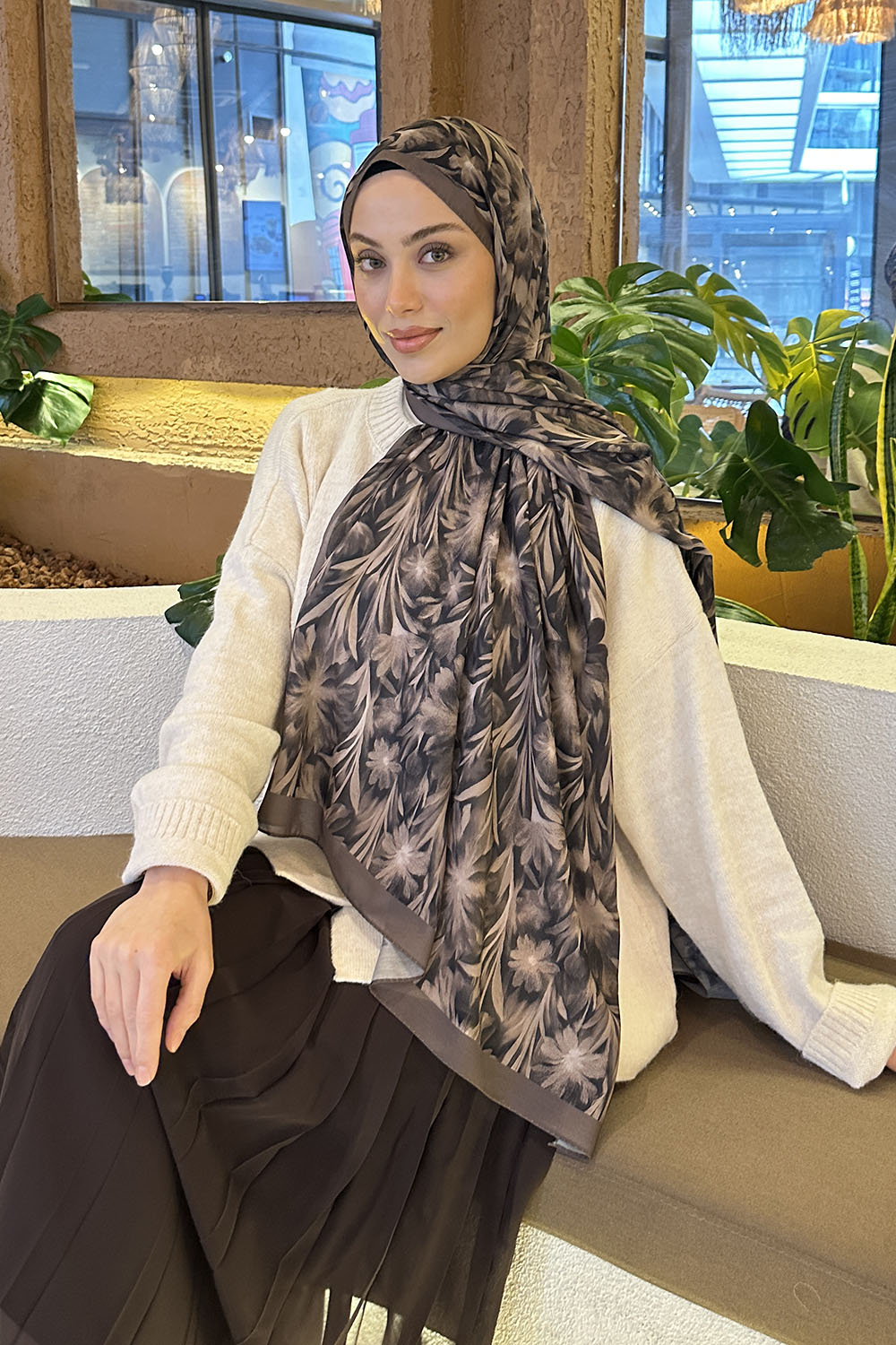 Lamelif Daisy Flowers Desen Pamuk Şal Soft Kahve