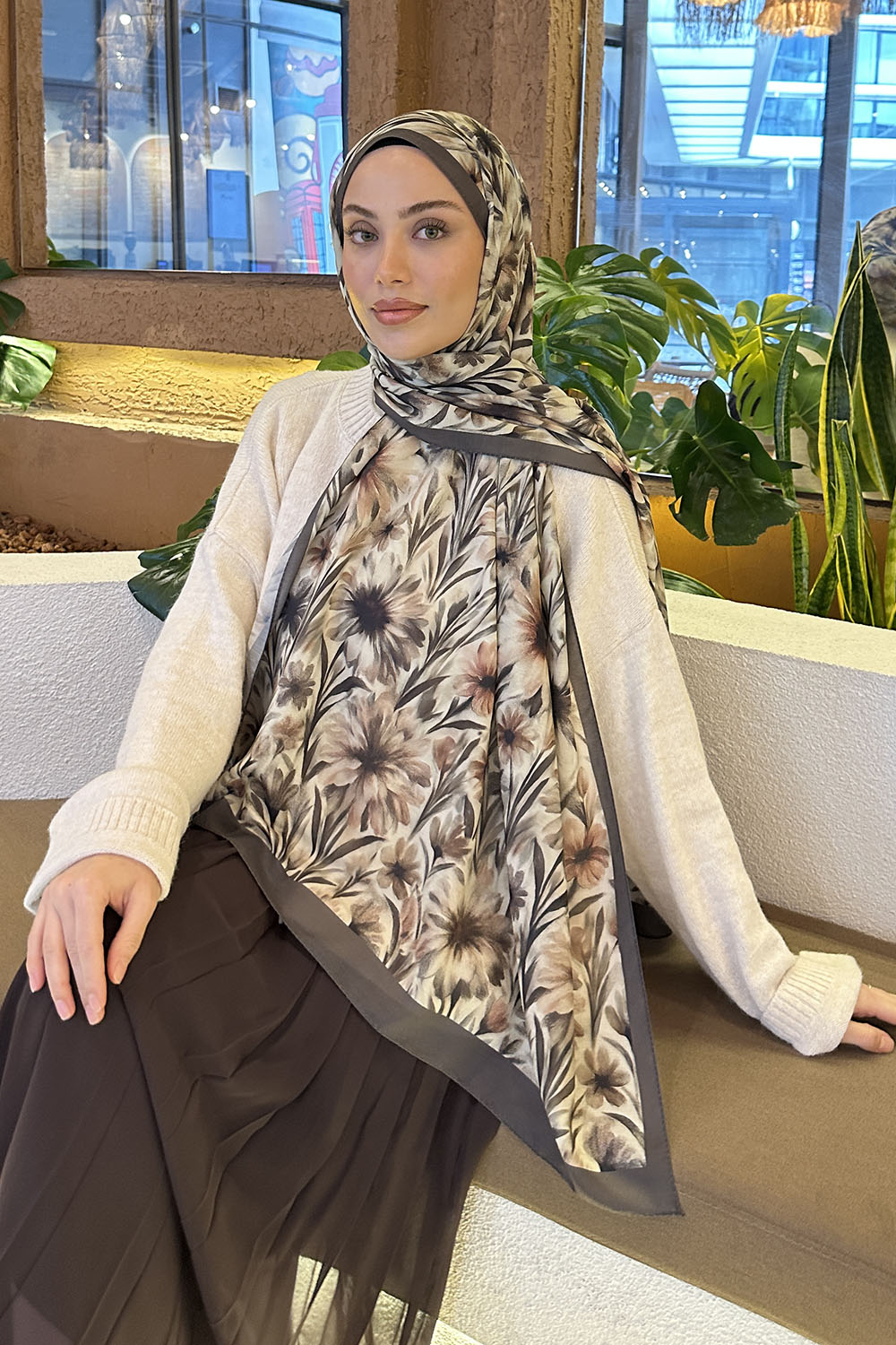 Lamelif Daisy Flowers Desen Pamuk Şal Su Yeşili