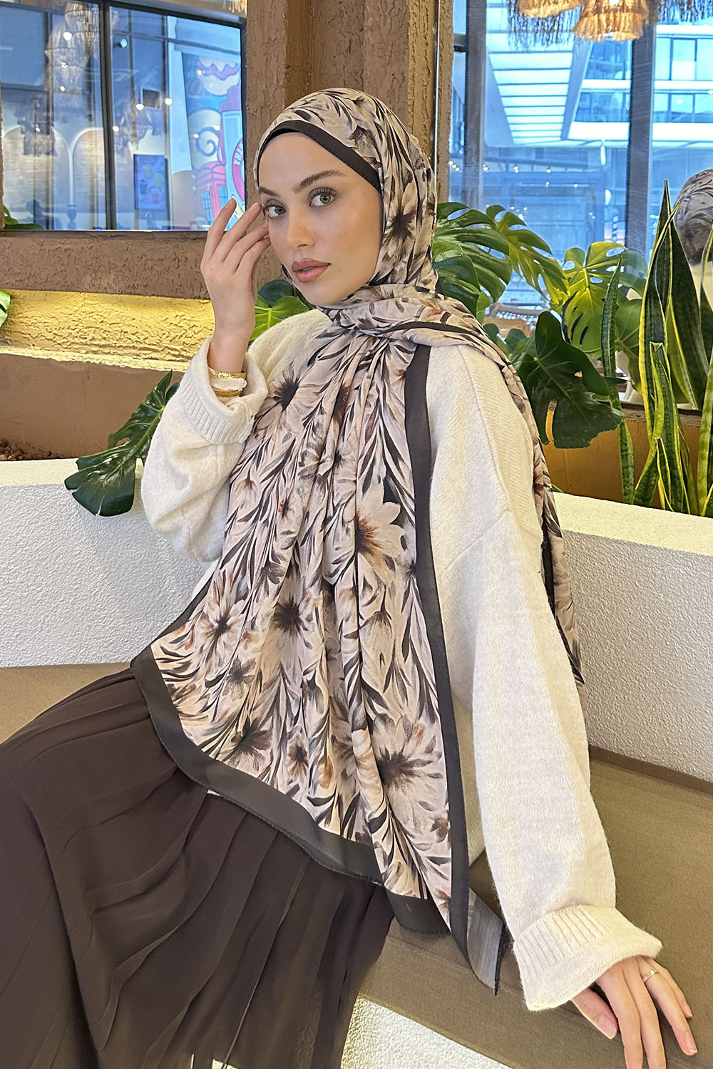 Lamelif Daisy Flowers Desen Pamuk Şal Vizon