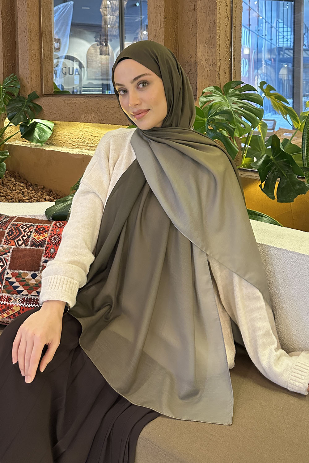 Lamelif Degrade Desen Soft Şal Asker Yeşili