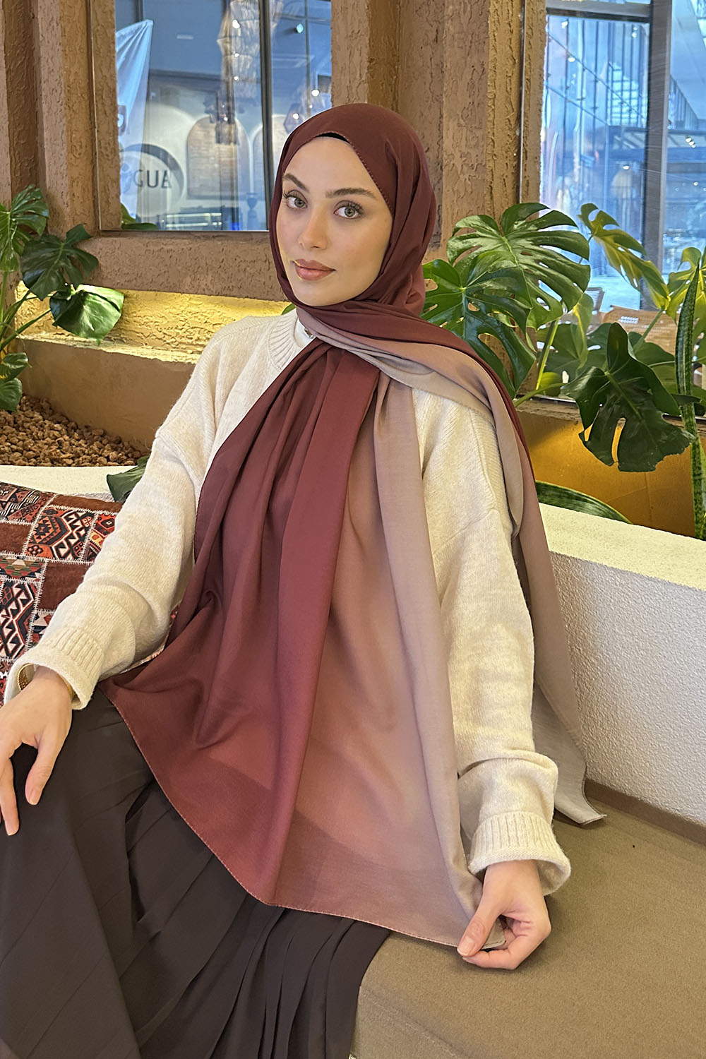 Lamelif Degrade Desen Soft Şal Bordo